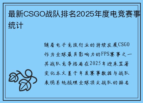 最新CSGO战队排名2025年度电竞赛事统计